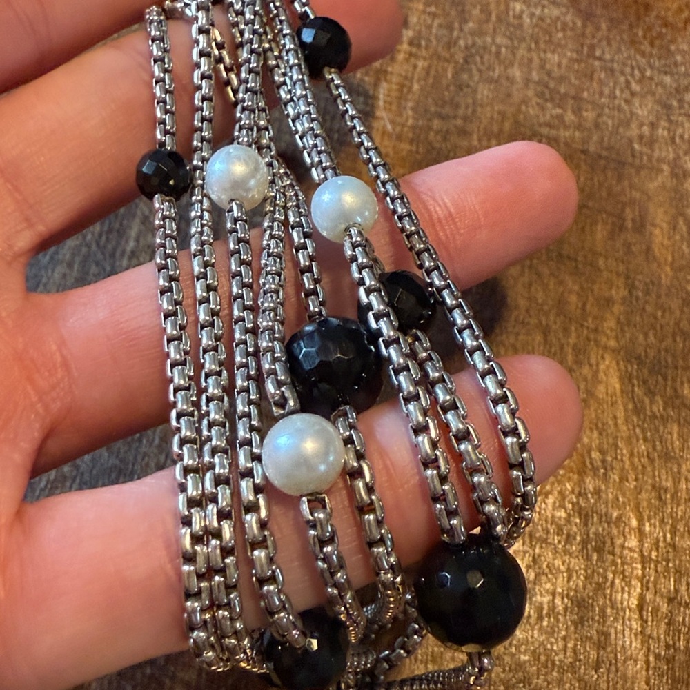 David Yurman Silver and 18k gold onyx and pearl Multi-Strand Bracelet - Picture 15 of 16
